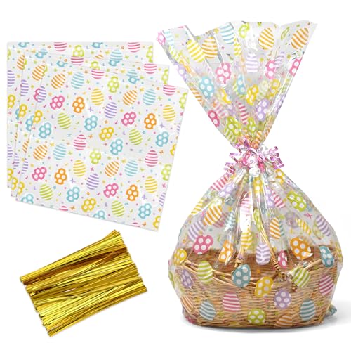 Gift Boutique Large Easter Cellophane Basket Bags 10 Pack Clear Treat Wrap Bags 24 x 30 Inch with Colorful Egg Print and Twist Ties Jumbo Plastic Gift Wrap for Candy Party Favors Holiday Baskets - Image 1