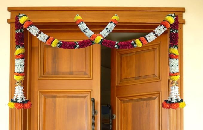 SURAKO COLLECTIONS Artificial Flower Garland Toran for Door Entrance Home Decoration Hanging 2 Pieces 5 Feet Pink with Marigold - Image 1