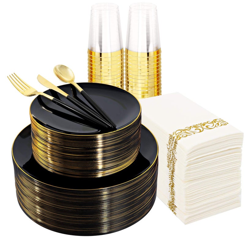 Supernal 350pcs Black Plastic Dinnerware SetBlack Plastic Plates with Gold RimBlack and Gold Plastic PlatesGold Plastic SilverwareWedding Party PlatesPlastic Cups with Gold Rim for Christmas