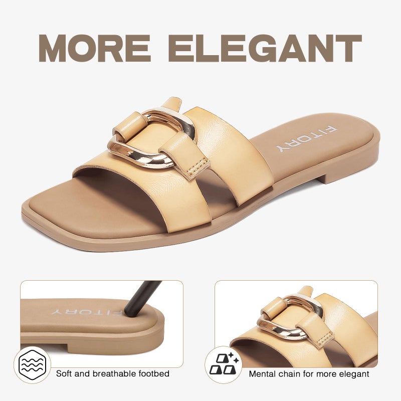 FITORY Women's Flat Sandals Fashion Square Open Toe Slides With Metal Chain Slippers for Summer Size 9 - Image 5