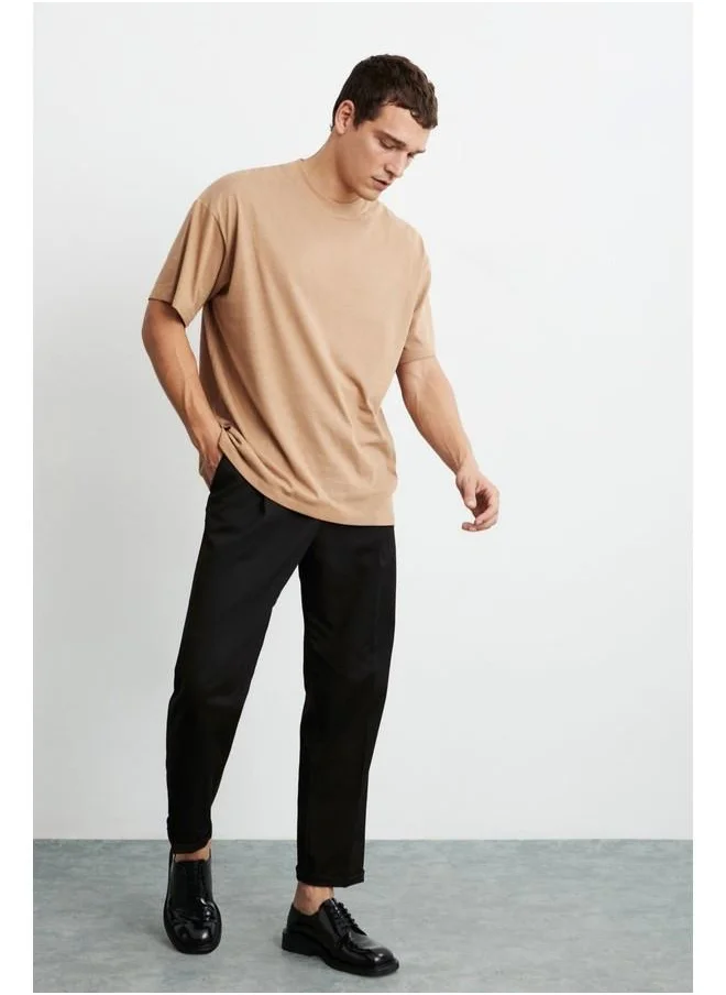 GRIMELANGE Jett Men's Oversize Fit 100% Cotton Heavy Texture Brown T-Shirt