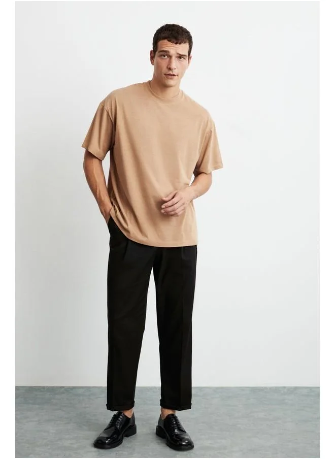 GRIMELANGE Jett Men's Oversize Fit 100% Cotton Heavy Texture Brown T-Shirt