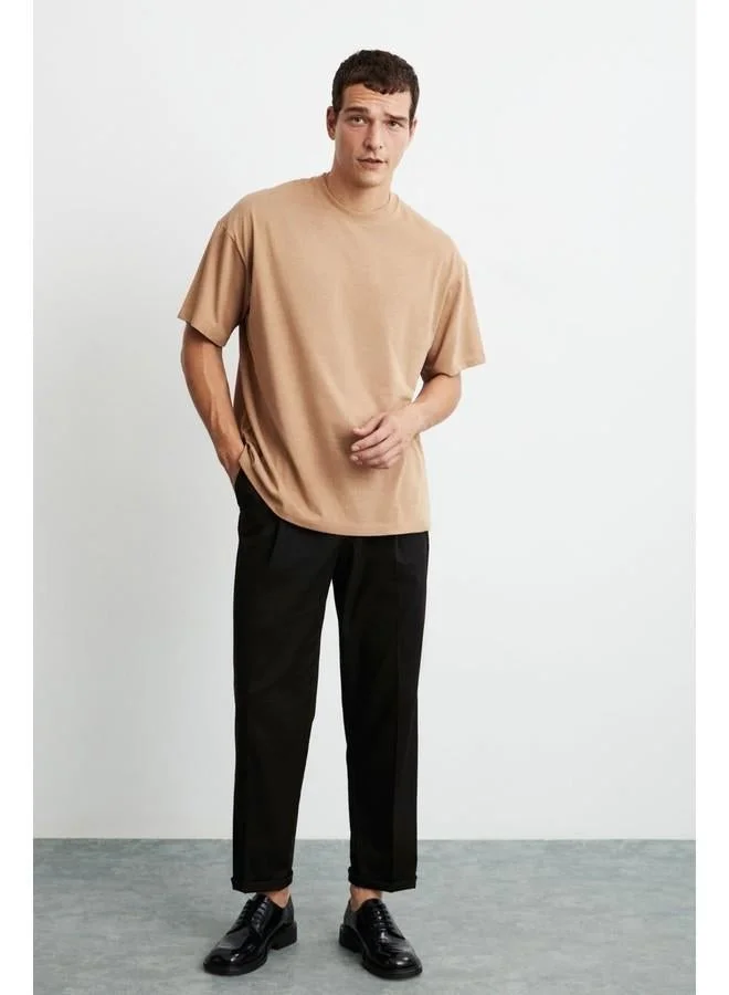 GRIMELANGE Jett Men's Oversize Fit 100% Cotton Heavy Texture Brown T-Shirt