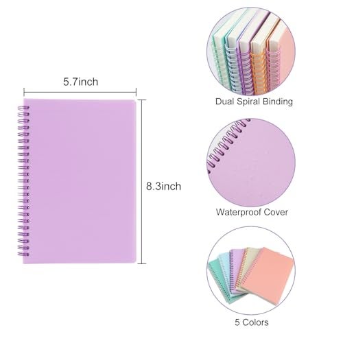 Aacehlh 5 Pack Lined Spiral Journal Notebook for Women & Men, 8.3" x 5.7",80 Sheets/160 Pages College Ruled Notebook, A5 Plastic Hardcover Notebook for Office,School,Home - Image 2