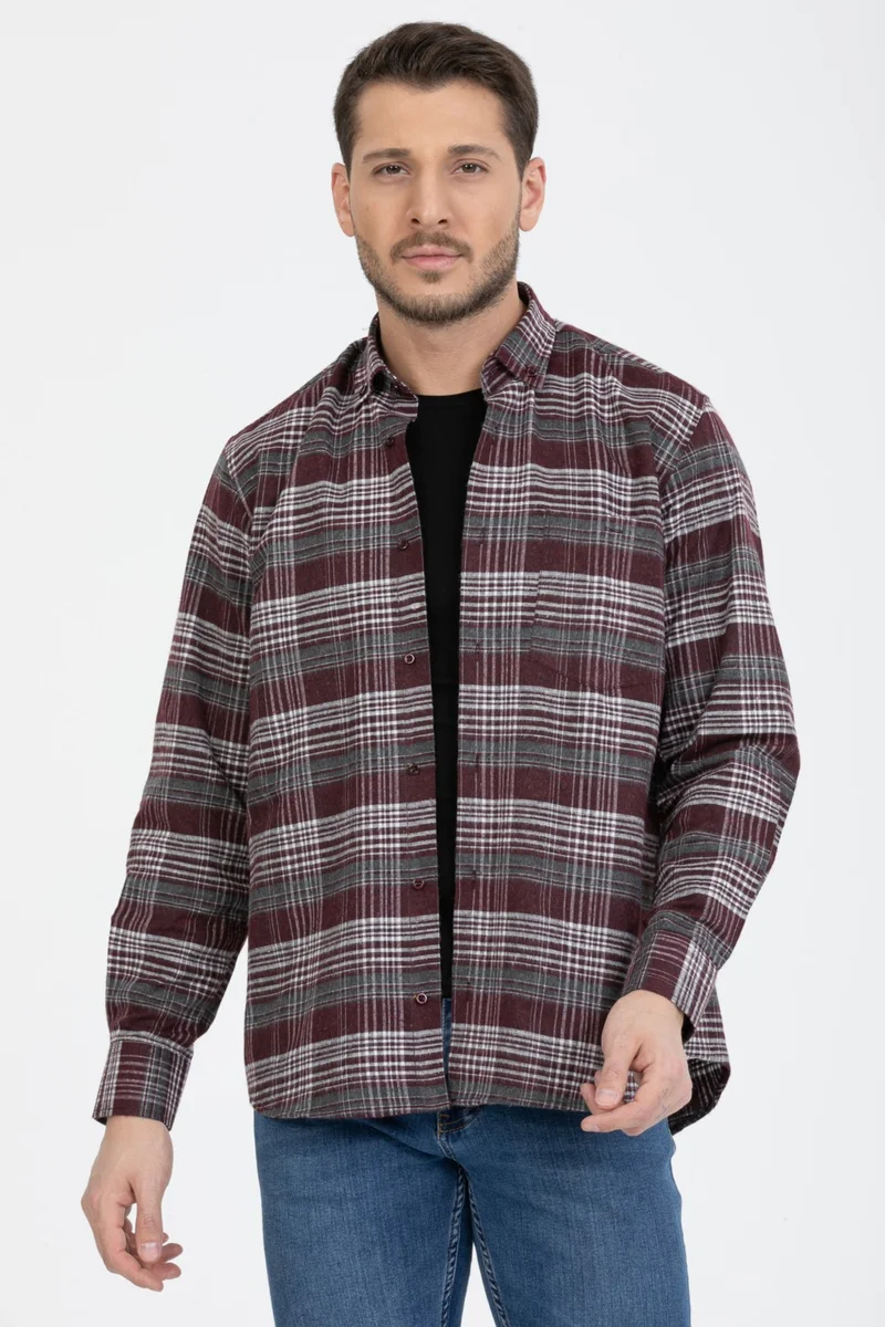 Varetta Men's Claret Red Collar Buttoned Long Sleeve Pocket Checked Winter Shirt