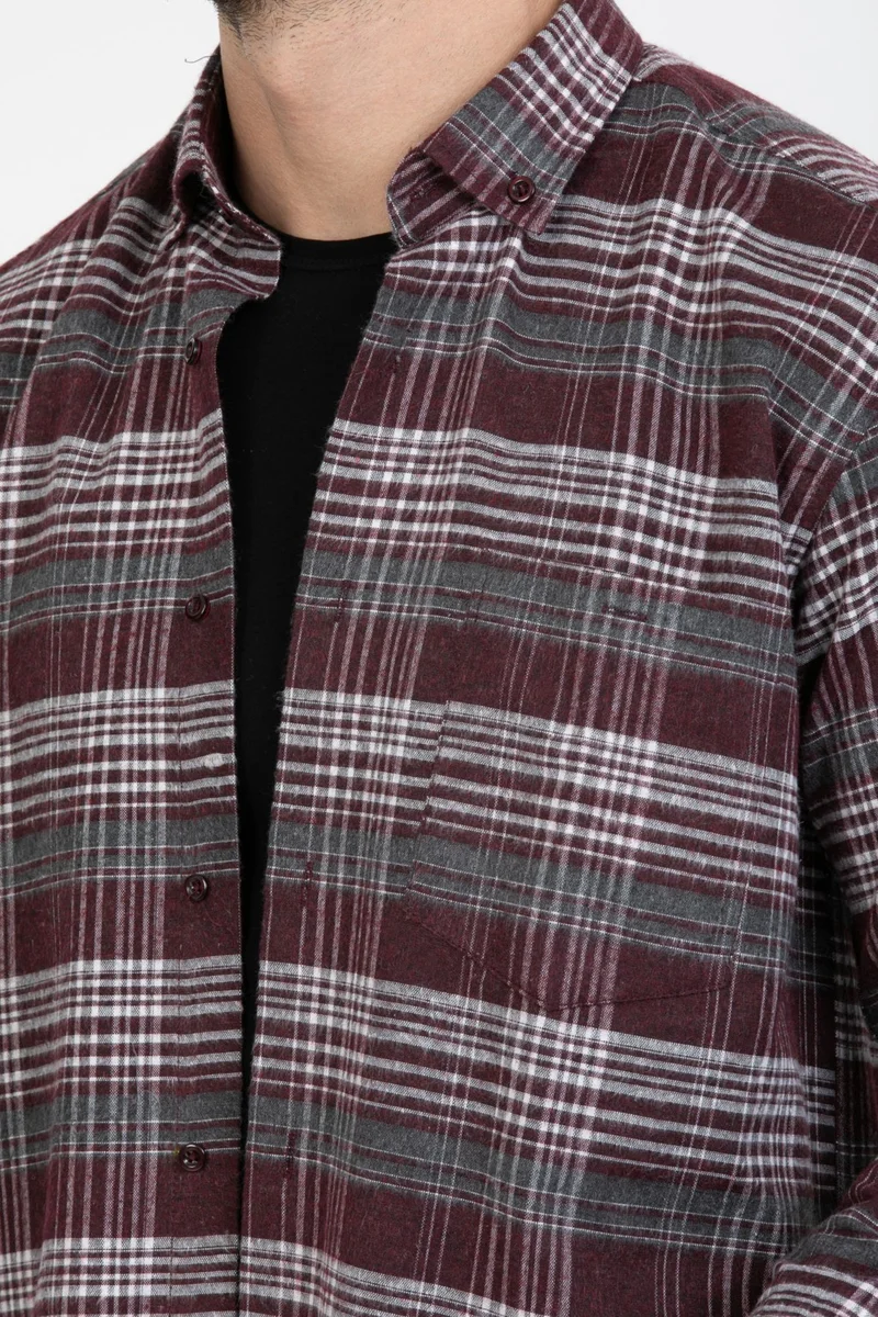 Varetta Men's Claret Red Collar Buttoned Long Sleeve Pocket Checked Winter Shirt