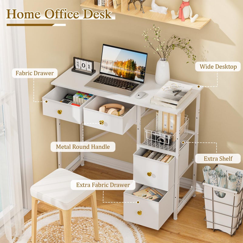 3IngSeagulls Small Computer Desk with 4 Fabric Drawers, Simple Writing Desk for Home Office, Compact Study Desks for Small Spaces, Kids Desk Study for Bedroom, White - Image 2