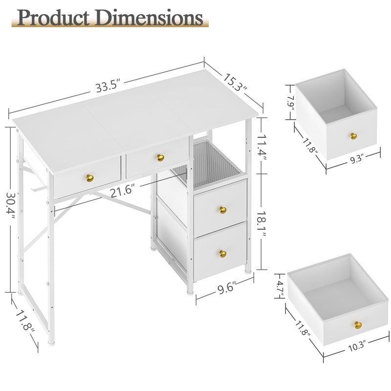 3IngSeagulls Small Computer Desk with 4 Fabric Drawers, Simple Writing Desk for Home Office, Compact Study Desks for Small Spaces, Kids Desk Study for Bedroom, White - Image 4