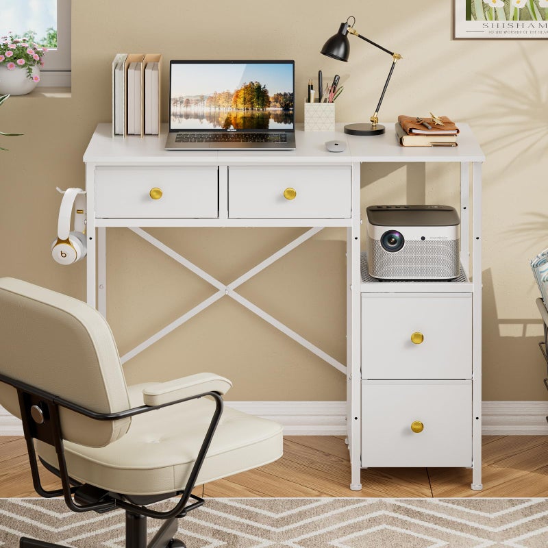 3IngSeagulls Small Computer Desk with 4 Fabric Drawers, Simple Writing Desk for Home Office, Compact Study Desks for Small Spaces, Kids Desk Study for Bedroom, White - Image 1