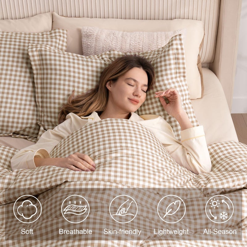 SunNewt Queen Comforter Set, Modern Plaid Checkered Bedding, Tan Gingham Brown Grid Bed Comforter, Soft Fluffy Breathable Farmhouse Dorm Bedding, All Seasons 3 Piece Set - Image 2