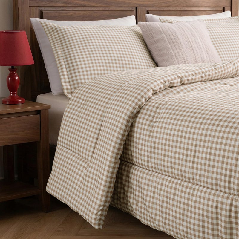 SunNewt Queen Comforter Set, Modern Plaid Checkered Bedding, Tan Gingham Brown Grid Bed Comforter, Soft Fluffy Breathable Farmhouse Dorm Bedding, All Seasons 3 Piece Set - Image 5