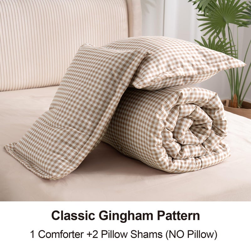 SunNewt Queen Comforter Set, Modern Plaid Checkered Bedding, Tan Gingham Brown Grid Bed Comforter, Soft Fluffy Breathable Farmhouse Dorm Bedding, All Seasons 3 Piece Set - Image 4