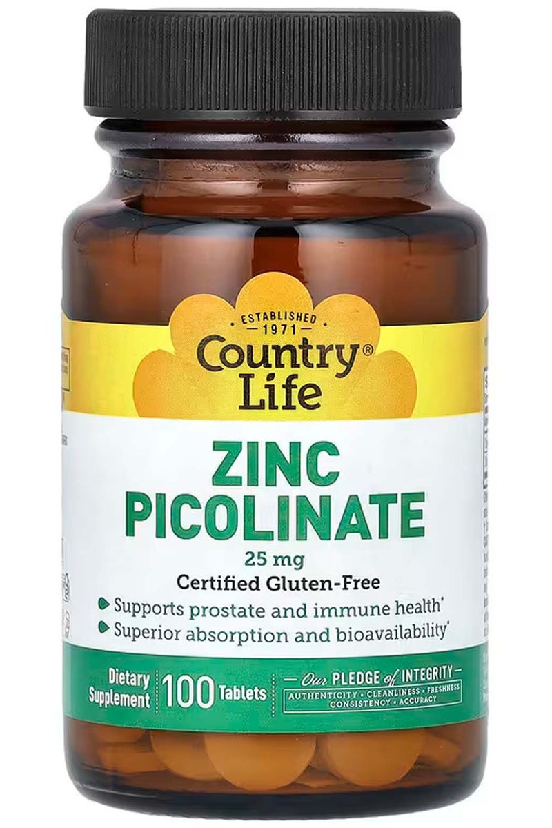 Country Life Zinc Picolinate 25 mg – Superior Absorption for Immune & Prostate Health – 100 Tablets - Image 1