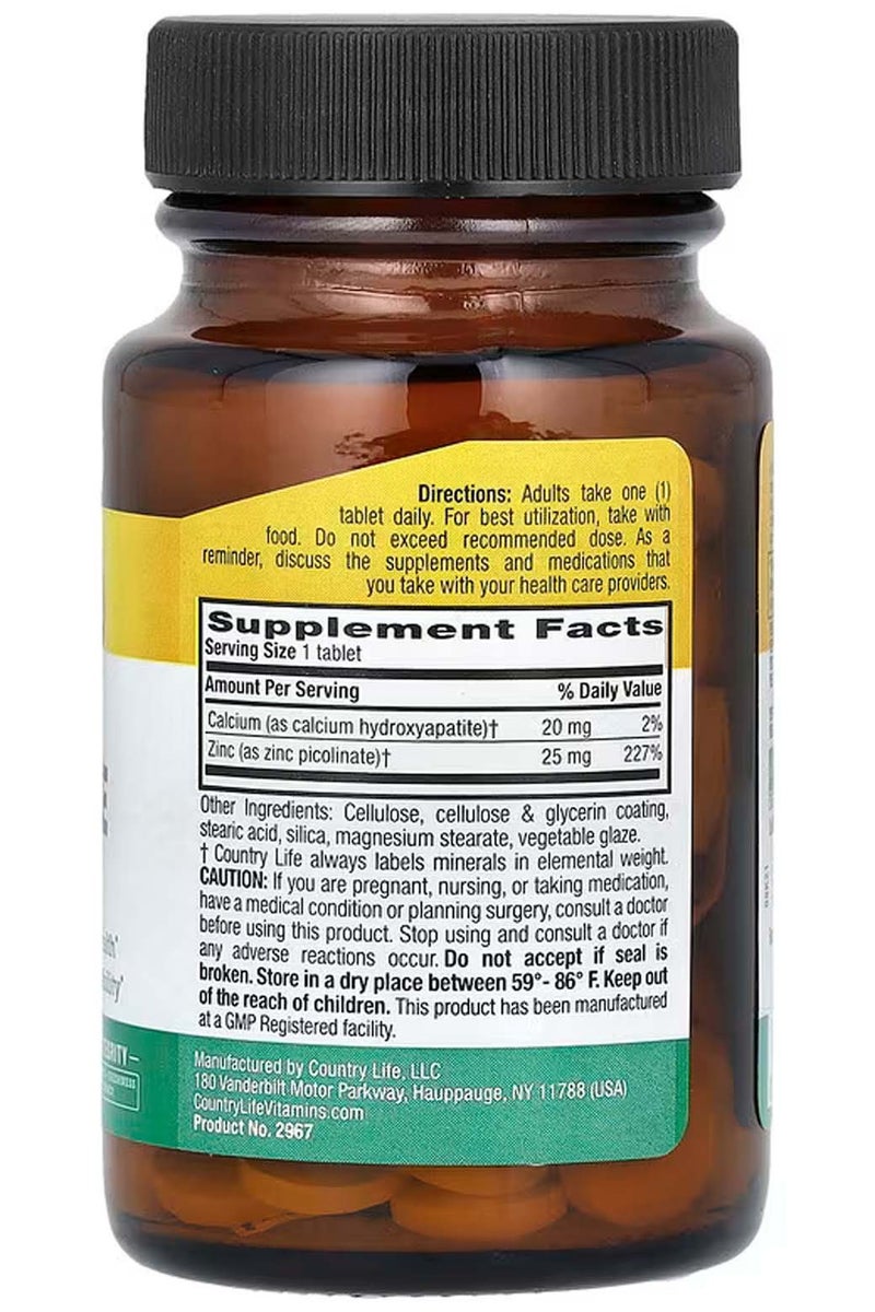 Country Life Zinc Picolinate 25 mg – Superior Absorption for Immune & Prostate Health – 100 Tablets - Image 2