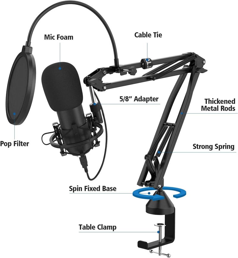 Audio Array AA-01 Suspension Boom Scissor Microphone Stand | Double Layer Mesh Pop Filter | 70cm Sturdy Boom Arm with 1.8kg Capacity | 5/8" to 3/8" Screw Adapter | Mic Holder, Foam Cover, Cable Ties - Image 4