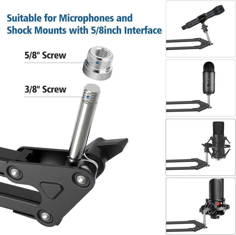 Audio Array AA-01 Suspension Boom Scissor Microphone Stand | Double Layer Mesh Pop Filter | 70cm Sturdy Boom Arm with 1.8kg Capacity | 5/8" to 3/8" Screw Adapter | Mic Holder, Foam Cover, Cable Ties - Image 2