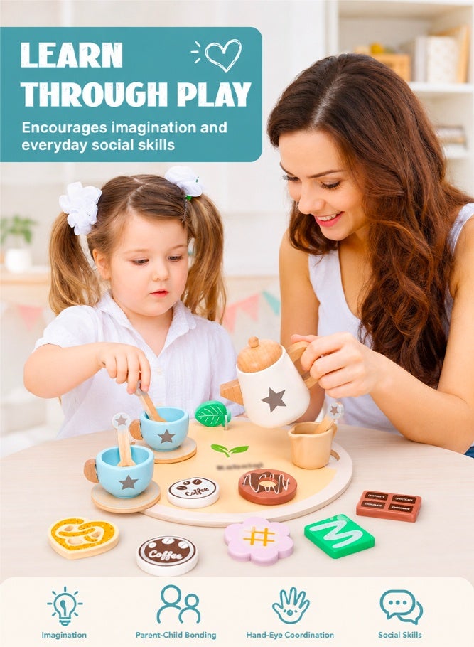 SHABILI Wooden Tea Party Set for Toddlers With Teapot Cups Desserts and Tray, Natural Solid Wood Pretend Play Tea Set With Water-Based Paint Smooth Edges, Role Play Kitchen Toy Birthday Gift for Boys Girls Suitable for 36M+ - Image 2