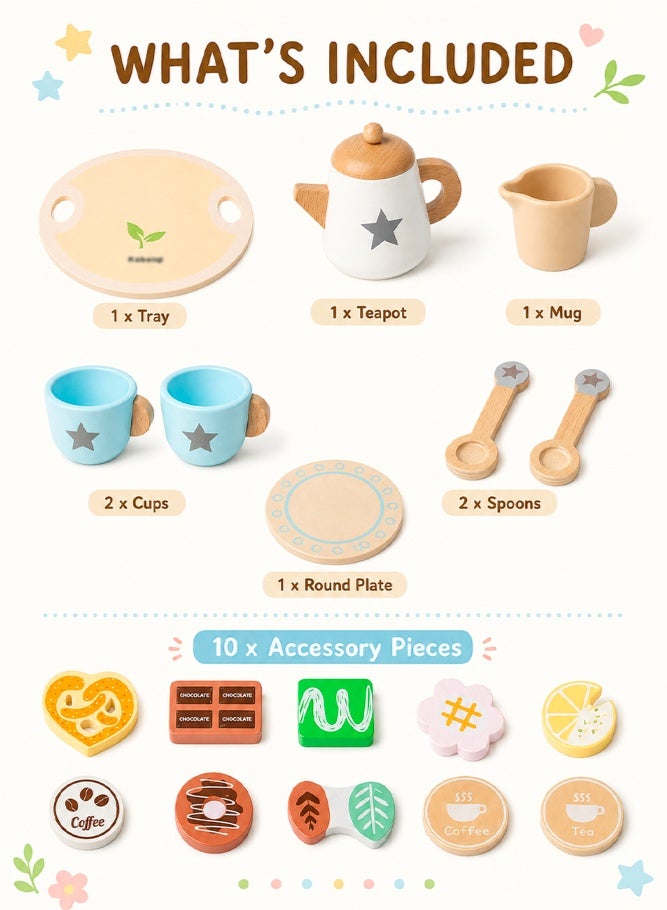 SHABILI Wooden Tea Party Set for Toddlers With Teapot Cups Desserts and Tray, Natural Solid Wood Pretend Play Tea Set With Water-Based Paint Smooth Edges, Role Play Kitchen Toy Birthday Gift for Boys Girls Suitable for 36M+ - Image 5