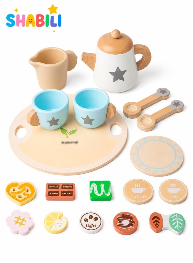 SHABILI Wooden Tea Party Set for Toddlers With Teapot Cups Desserts and Tray, Natural Solid Wood Pretend Play Tea Set With Water-Based Paint Smooth Edges, Role Play Kitchen Toy Birthday Gift for Boys Girls Suitable for 36M+ - Image 1