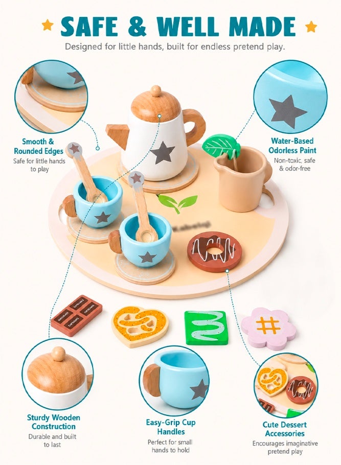 SHABILI Wooden Tea Party Set for Toddlers With Teapot Cups Desserts and Tray, Natural Solid Wood Pretend Play Tea Set With Water-Based Paint Smooth Edges, Role Play Kitchen Toy Birthday Gift for Boys Girls Suitable for 36M+ - Image 4