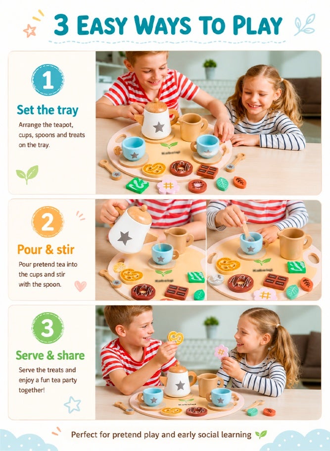 SHABILI Wooden Tea Party Set for Toddlers With Teapot Cups Desserts and Tray, Natural Solid Wood Pretend Play Tea Set With Water-Based Paint Smooth Edges, Role Play Kitchen Toy Birthday Gift for Boys Girls Suitable for 36M+ - Image 3
