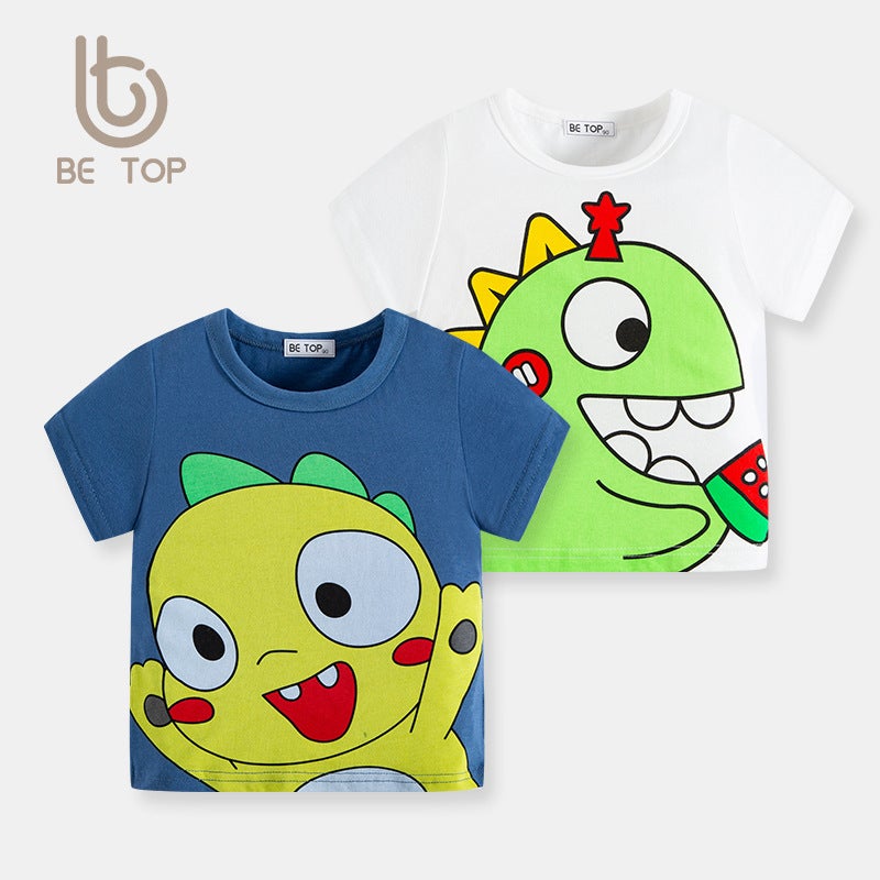 Betop Kidsren's Clothing 2025 Summer Kidsren's Short-Sleeved Cartoon Dinosaur Print Boys Export Trendy Brand T-Shirt Dropshipping - Image 2