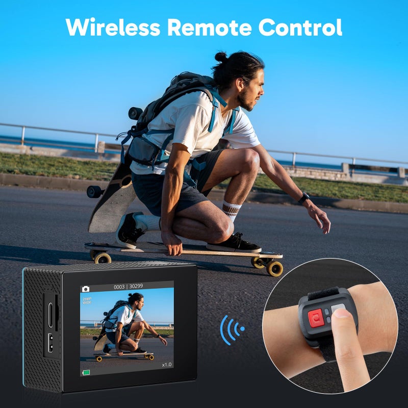 Akaso كاميرا أكاسو EK7000 4K30FPS بدقة 20MP مع واي فاي وكاميرا تحت الماء بدقة Ultra HD مقاومة للماء حتى عمق 131 قدم مع تحكم عن بعد وزوم 4X ودعم ميكروفون خارجي باللون الأزرق - Image 5