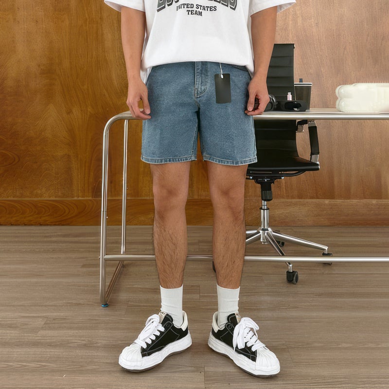 Men's American Retro Blue Denim Shorts – Summer Washed Distressed Straight Leg Slim  Fit - Image 1