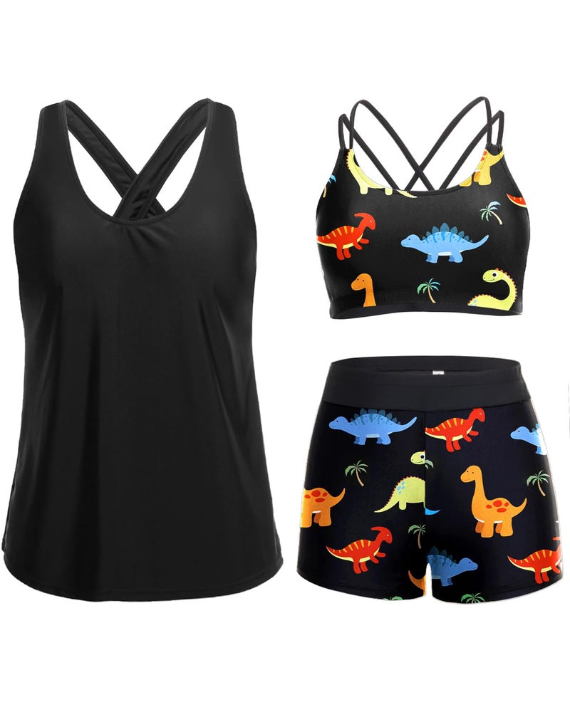 Holipick Black Dinosaur 3 Piece Tankini Swimsuits for Women Tummy Control Bathing Suits Swim Tank Top with Bra Boy Shorts Teen Swimwear M - Image 1