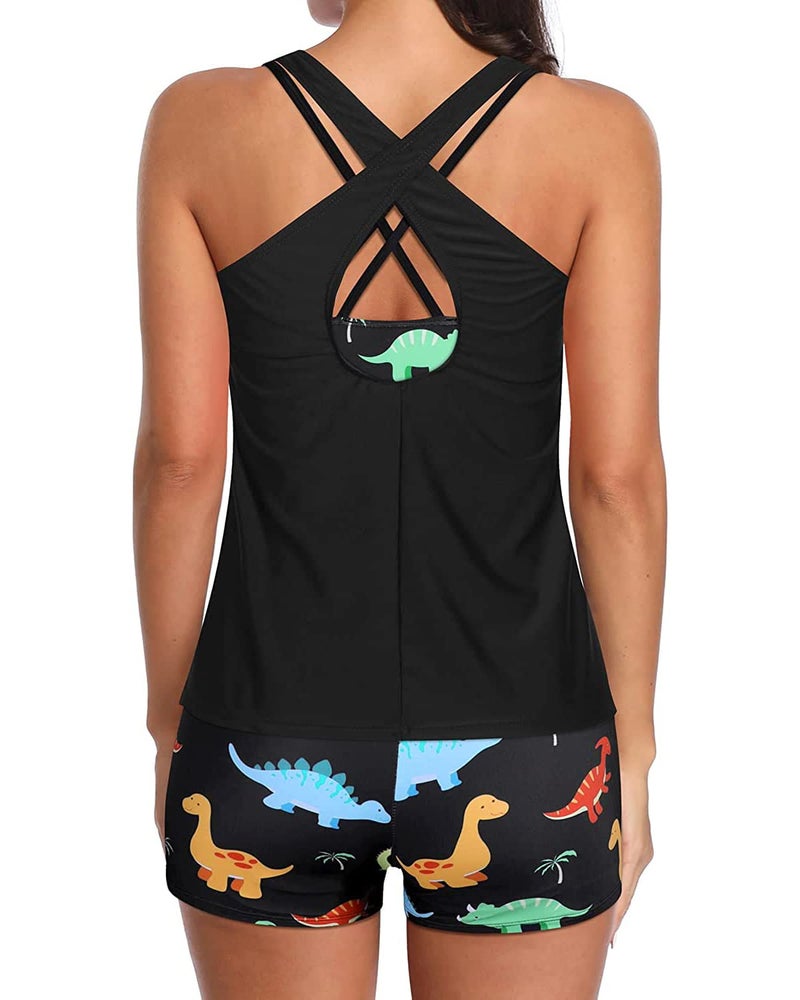 Holipick Black Dinosaur 3 Piece Tankini Swimsuits for Women Tummy Control Bathing Suits Swim Tank Top with Bra Boy Shorts Teen Swimwear M - Image 4