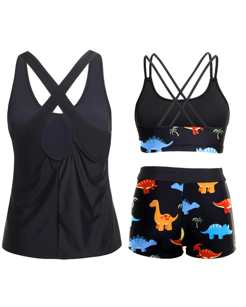 Holipick Black Dinosaur 3 Piece Tankini Swimsuits for Women Tummy Control Bathing Suits Swim Tank Top with Bra Boy Shorts Teen Swimwear M - Image 3