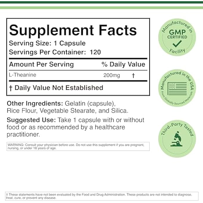 Double Wood Supplements L-Theanine 200mg Double Strength - Supports Health Sleep Response and Relaxation - 120 Capsules (Third Party Tested, Gluten Free, Vegan) by Double Wood - Image 2