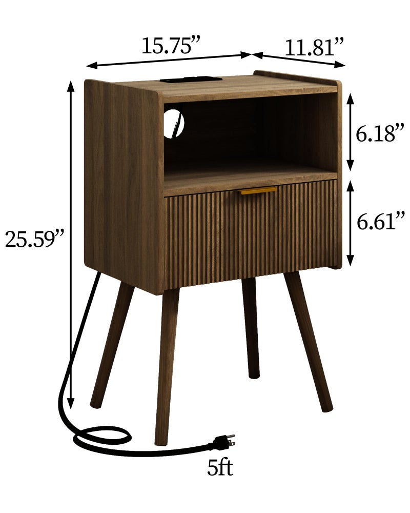 JOONEE Nightstand with Outlet,Modern Bedside Table with Storage Drawer and Open Wood Shelf, for Living Room, Bedroom and Small Spaces, Accent Night Stand with Solid Wood Legs, Easy Assembly,Brown - Image 2