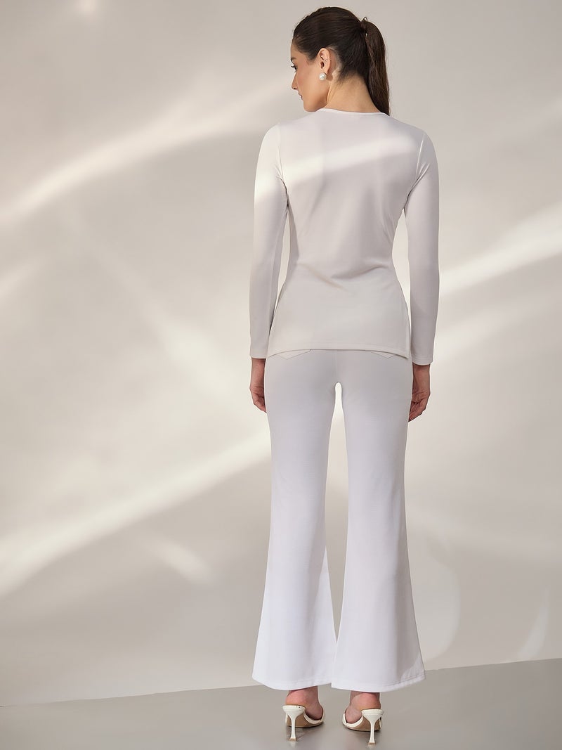 PANIT White Ribbed Fitted Tops with Trouser Co-Ords Set - Image 1