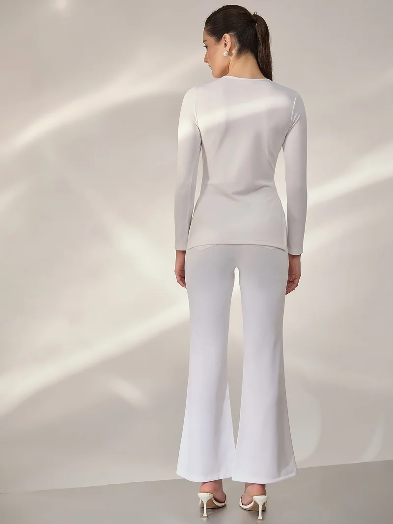 Panit PANIT White Ribbed Fitted Tops with Trouser Co-Ords Set