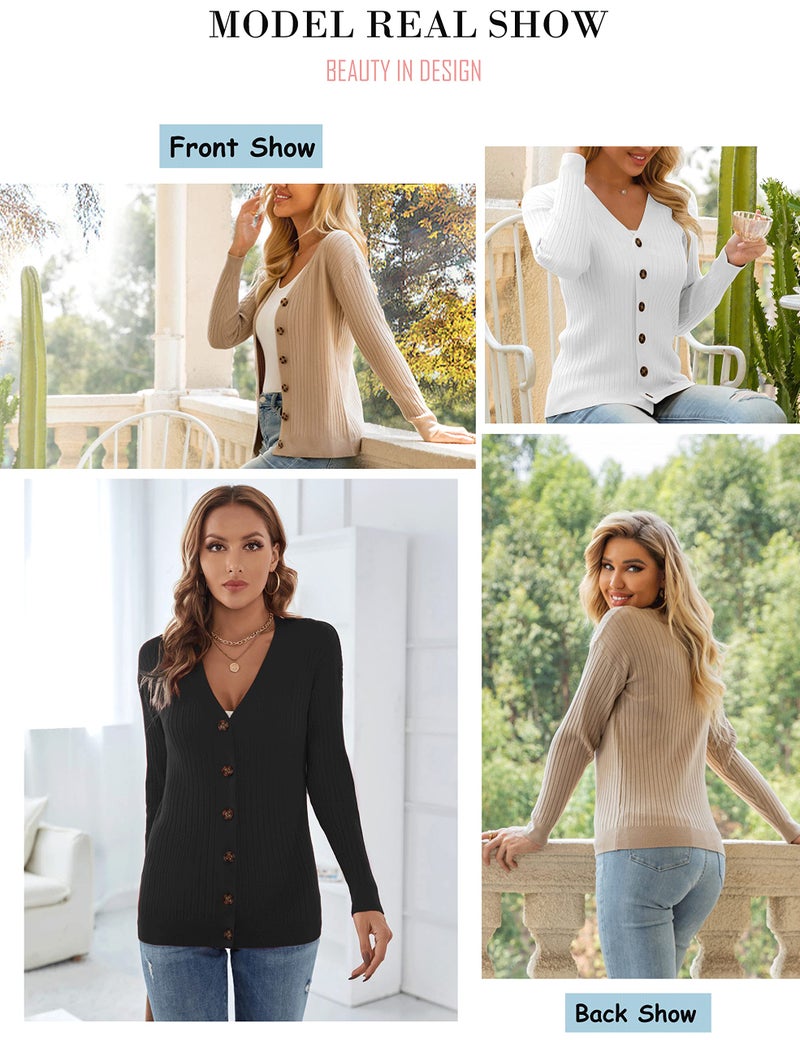 LIENRIDY Women's Long Sleeve Button Down Lightweight Soft Knit Cardigan Sweater, White, S - Image 2