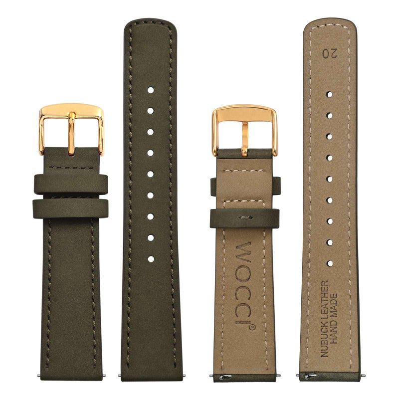 WOCCI 20mm Retro Leather Watch Band for Men and Women, Quick Release Replacement Strap with Golden Buckle (Army Green) - Image 2
