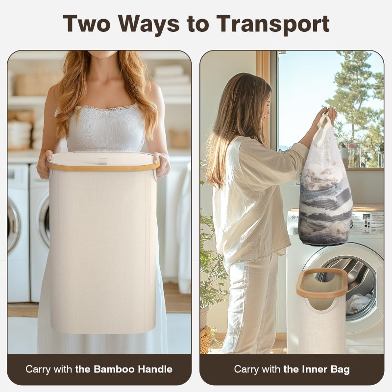 Bathola Slim Laundry Hamper with Lid, 60L Small Laundry Basket with Handles&Removable Bag, Thin Dirty Clothes Hampers for Laundry, Narrow Laundry Hampers for Bedroom Aesthetic, Beige - Image 3