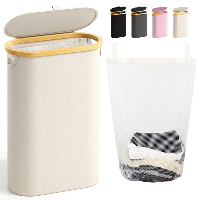 Bathola Slim Laundry Hamper with Lid, 60L Small Laundry Basket with Handles&Removable Bag, Thin Dirty Clothes Hampers for Laundry, Narrow Laundry Hampers for Bedroom Aesthetic, Beige - Image 1
