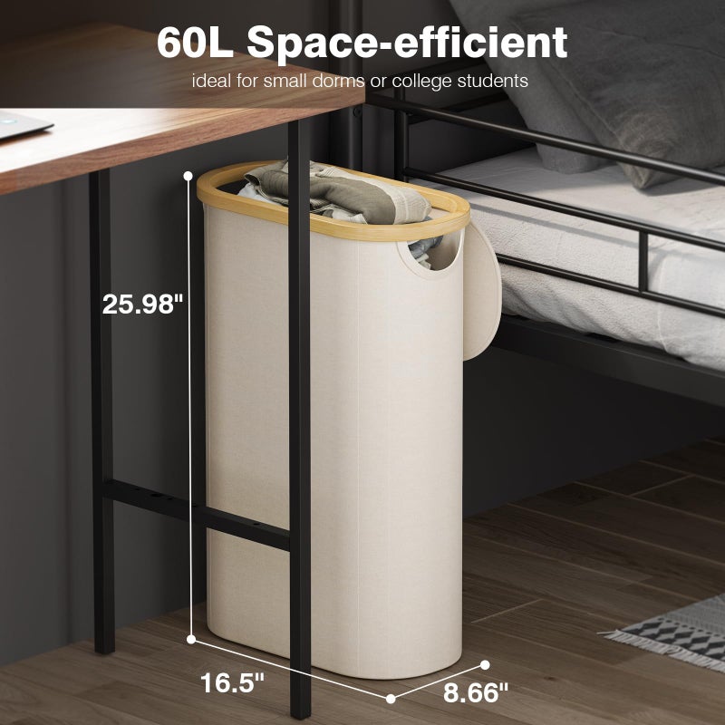 Bathola Slim Laundry Hamper with Lid, 60L Small Laundry Basket with Handles&Removable Bag, Thin Dirty Clothes Hampers for Laundry, Narrow Laundry Hampers for Bedroom Aesthetic, Beige - Image 2