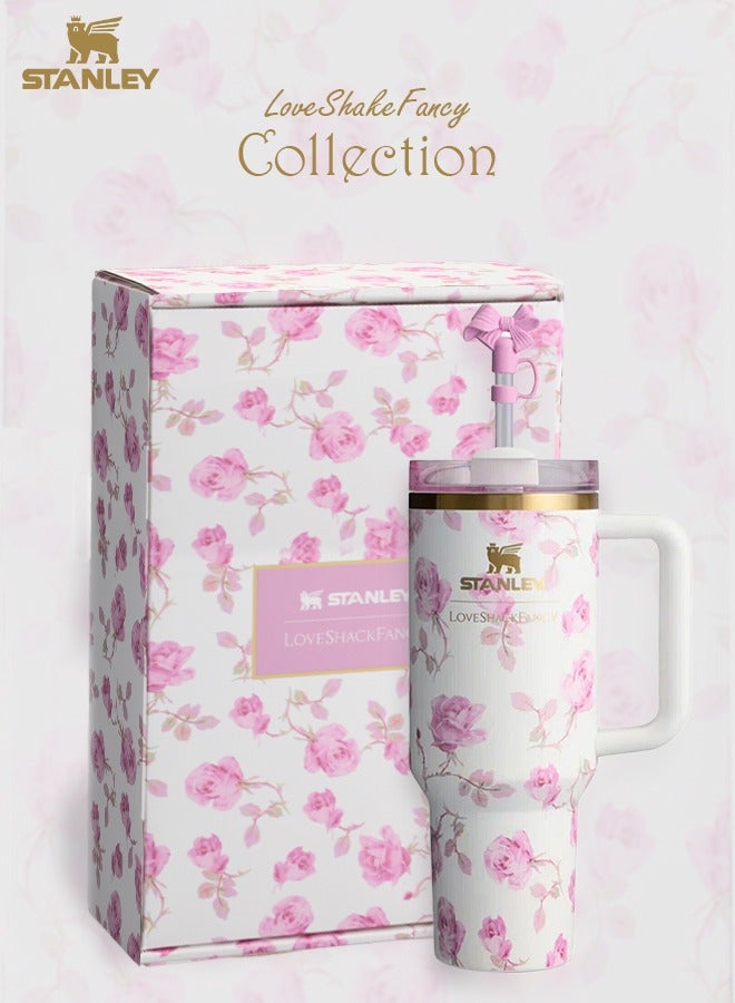 Stanley Stanley Love Shack Fancy H2.0 Flow State 40oz Pink Rose Tumbler, Stainless Steel Vacuum Insulated Quencher with Lid, Straw, and Stopper, Ideal for Water and Iced Tea, Keeps Drinks Cold, Presented in Elegant Gift-Ready Packaging  - Image 1
