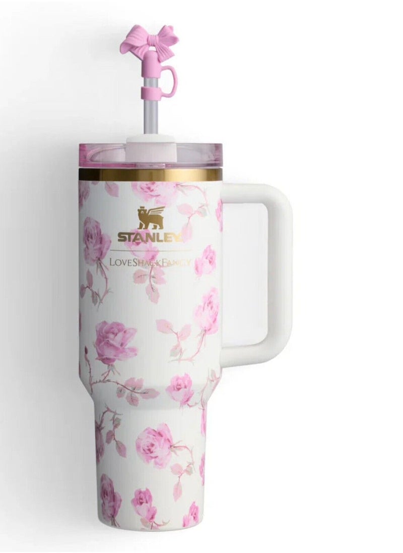 Stanley - Love Shack Fancy H2.0 Flow State 40oz Pink Rose Tumbler, Stainless Steel Vacuum Insulated Quencher with Lid, Straw, and Stopper, Ideal for Water and Iced Tea, Keeps Drinks Cold, Presented in Elegant Gift-Ready Packaging - Image 1