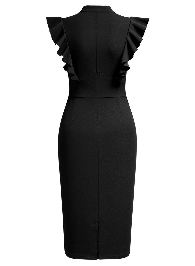 Knitee Women's Vintage Ruffle Sleeve V-Neck Bodycon Evening Party Cocktail Pencil Sheath Dress (Black, Small) - Image 4