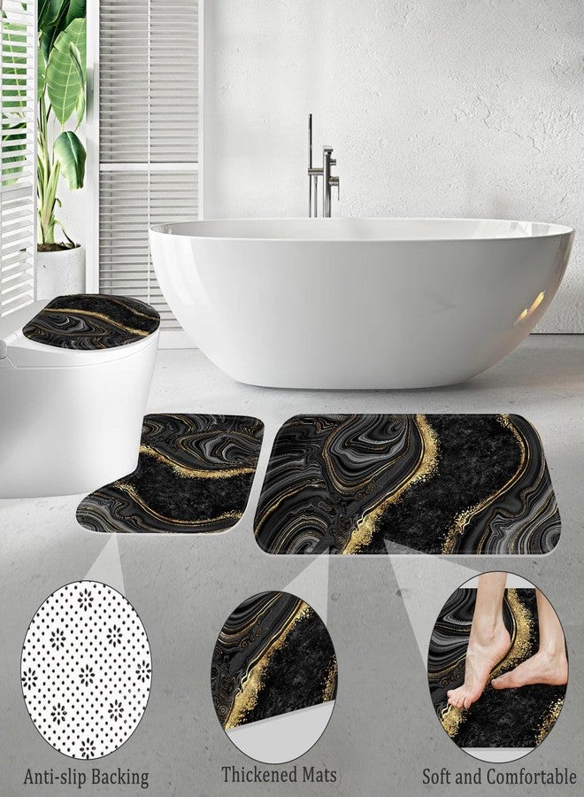 BayNook 4PCS Black Gold Marble Bathroom Set with Shower Curtain, Bath Mat, Toilet Lid Cover & U-Shaped Rug, Modern Abstract Design for Bathroom - Image 5