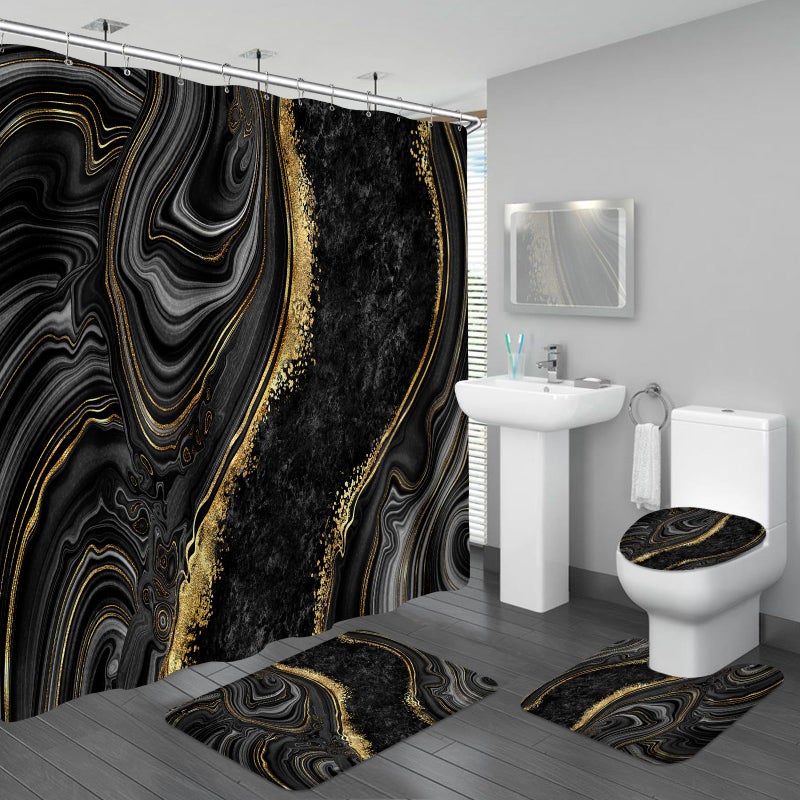 BayNook 4PCS Black Gold Marble Bathroom Set with Shower Curtain, Bath Mat, Toilet Lid Cover & U-Shaped Rug, Modern Abstract Design for Bathroom - Image 1