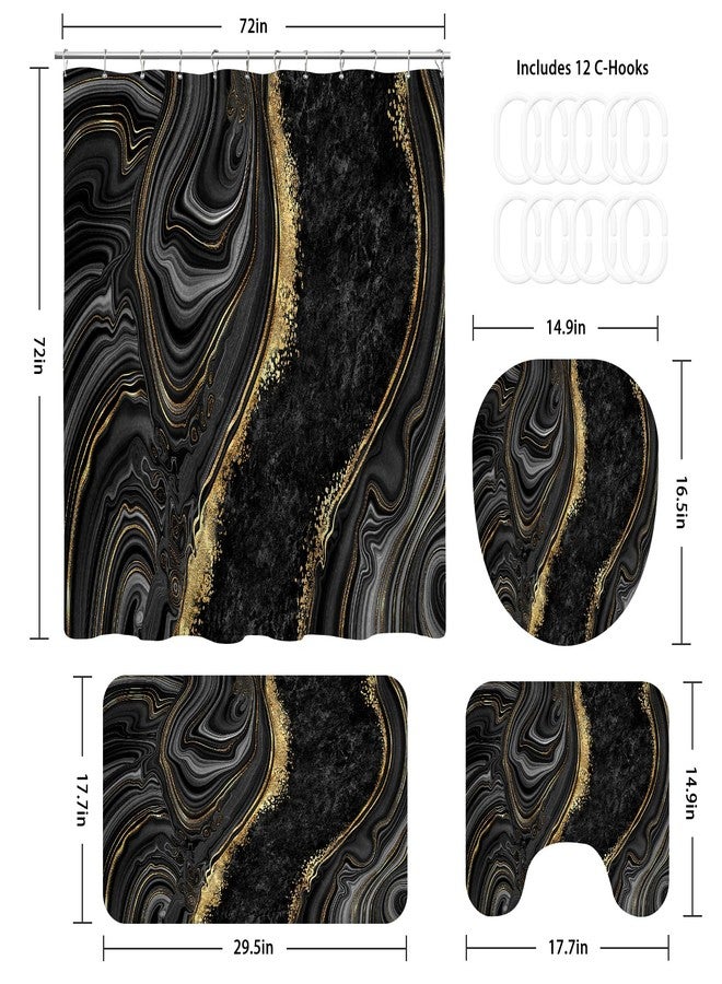 BayNook 4PCS Black Gold Marble Bathroom Set with Shower Curtain, Bath Mat, Toilet Lid Cover & U-Shaped Rug, Modern Abstract Design for Bathroom - Image 2