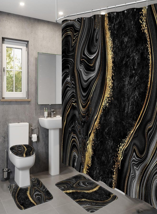 BayNook 4PCS Black Gold Marble Bathroom Set with Shower Curtain, Bath Mat, Toilet Lid Cover & U-Shaped Rug, Modern Abstract Design for Bathroom - Image 3