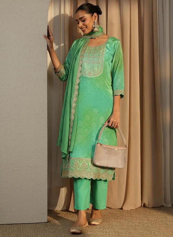 لباس Green Bandhani Printed Straight Kurta, Trousers and Dupatta Set