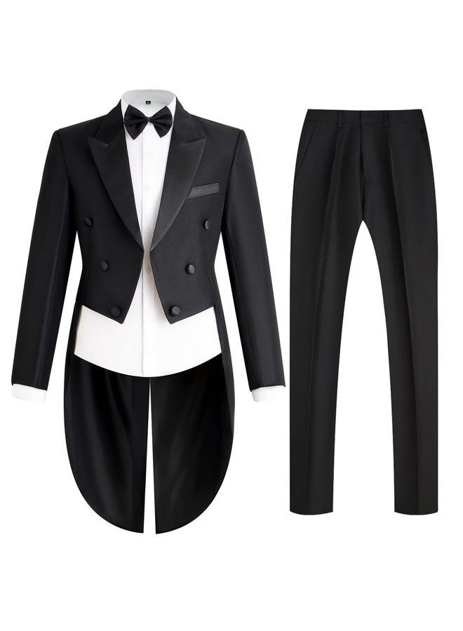 Catheive Mens Tailcoat Suit Jacket Tuxedo Double Breast Swallow Tail Coat Pants Bow Tie Black, Black, M - Image 1
