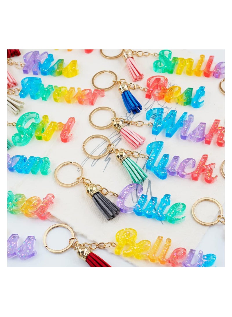 SOLARAE 104 Pcs Alphabet Resin Molds Kit, Resin Keychain Molds for Epoxy Resin Molds Keychain with 20 Random Color Tassels 1 Hand Drill 2 Drill Bits 20 Key Rings 30 Screw Pins 30 Metal Rings(Good Vibes) - Image 2